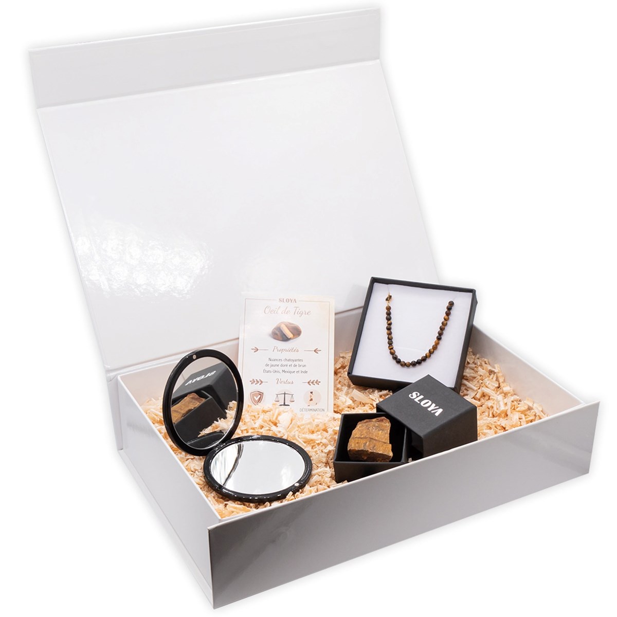 Coffret Oeil de Tigre - bracelet, pierre et miroir
