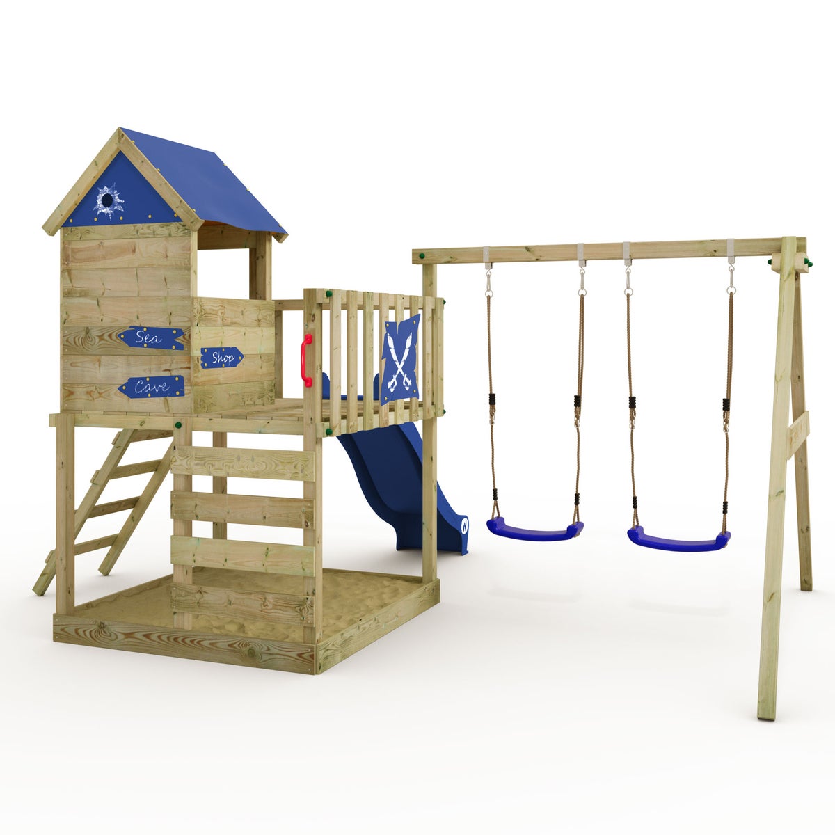 WICKEY Smart Cave speeltoren klimtoestel met schommel en glijbaan, boomhut met zandbak, klimladder en speelaccessoires – blauw