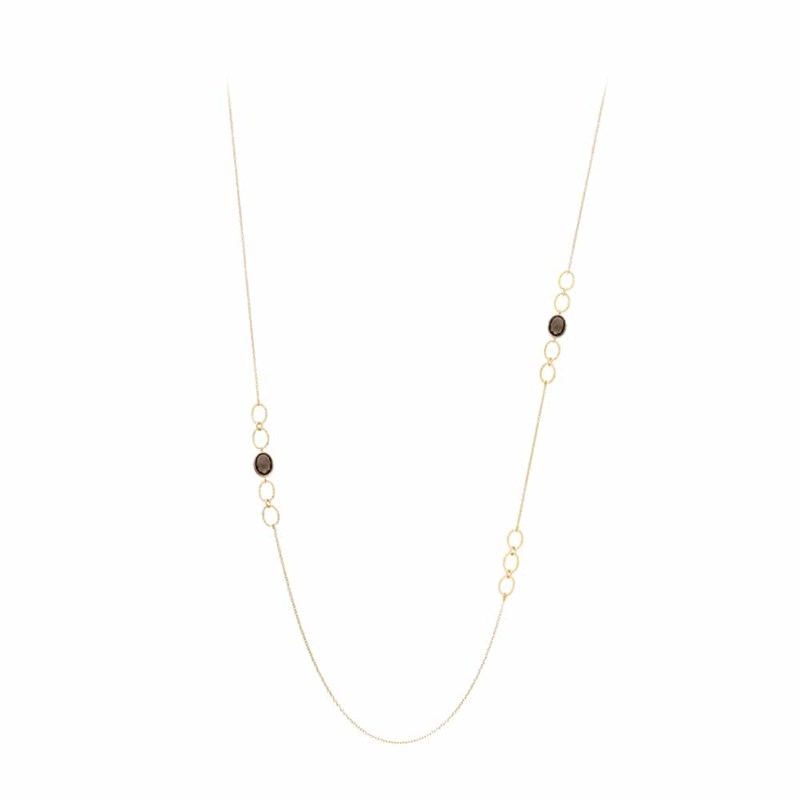 Collier Sautoir Argent Doré Pierres Quartz Fumé