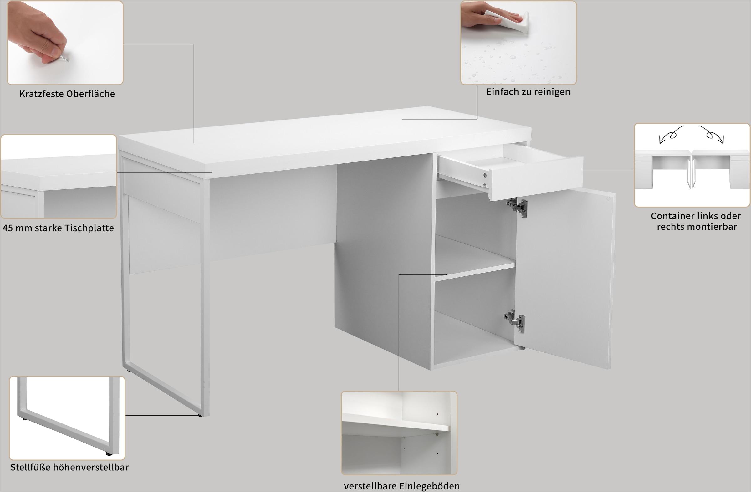 INOSIGN Schreibtisch »Oakley« mit 45 mm starker Tischplatte,  Schublade, Metallkufe, spiegelverkehrt montierbar, Breite 120 cm