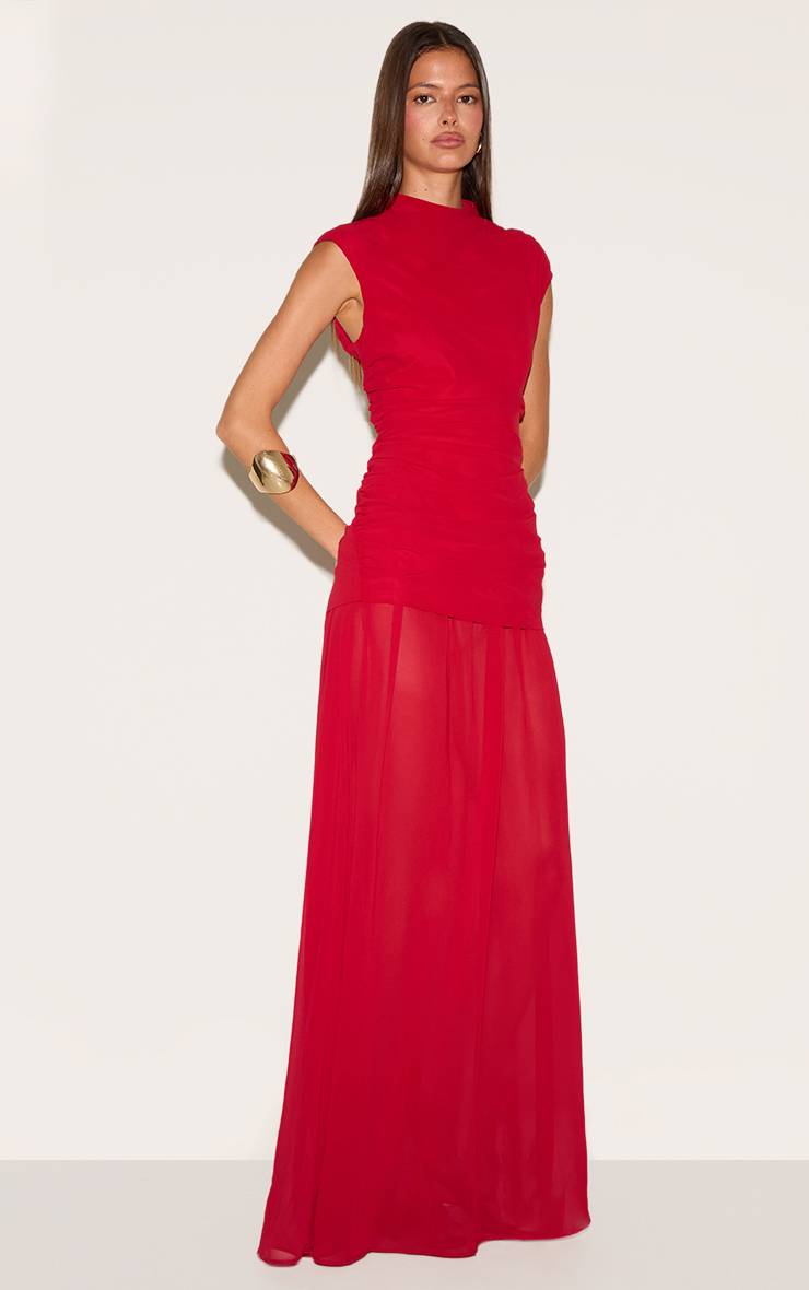 Rouge Robe Longue Sans Manches En Mousseline Froncée À Taille Basse