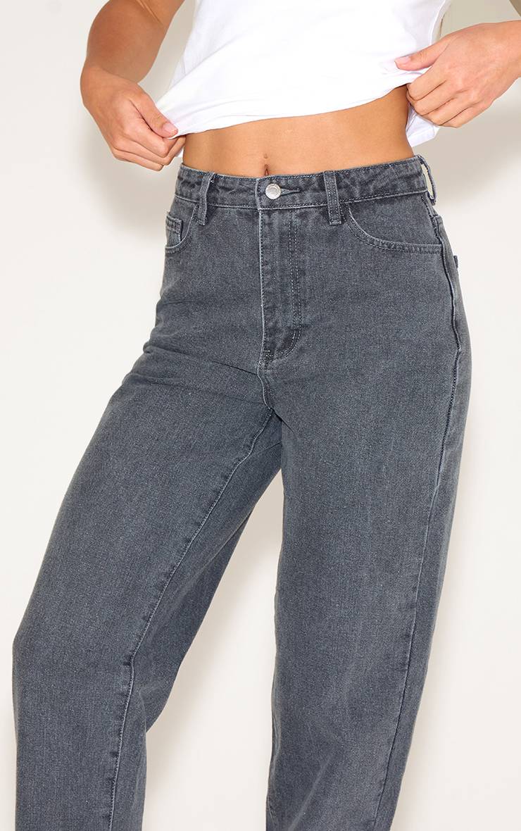 Washed Grey Jean Mom Taille Haute Coupe Longue