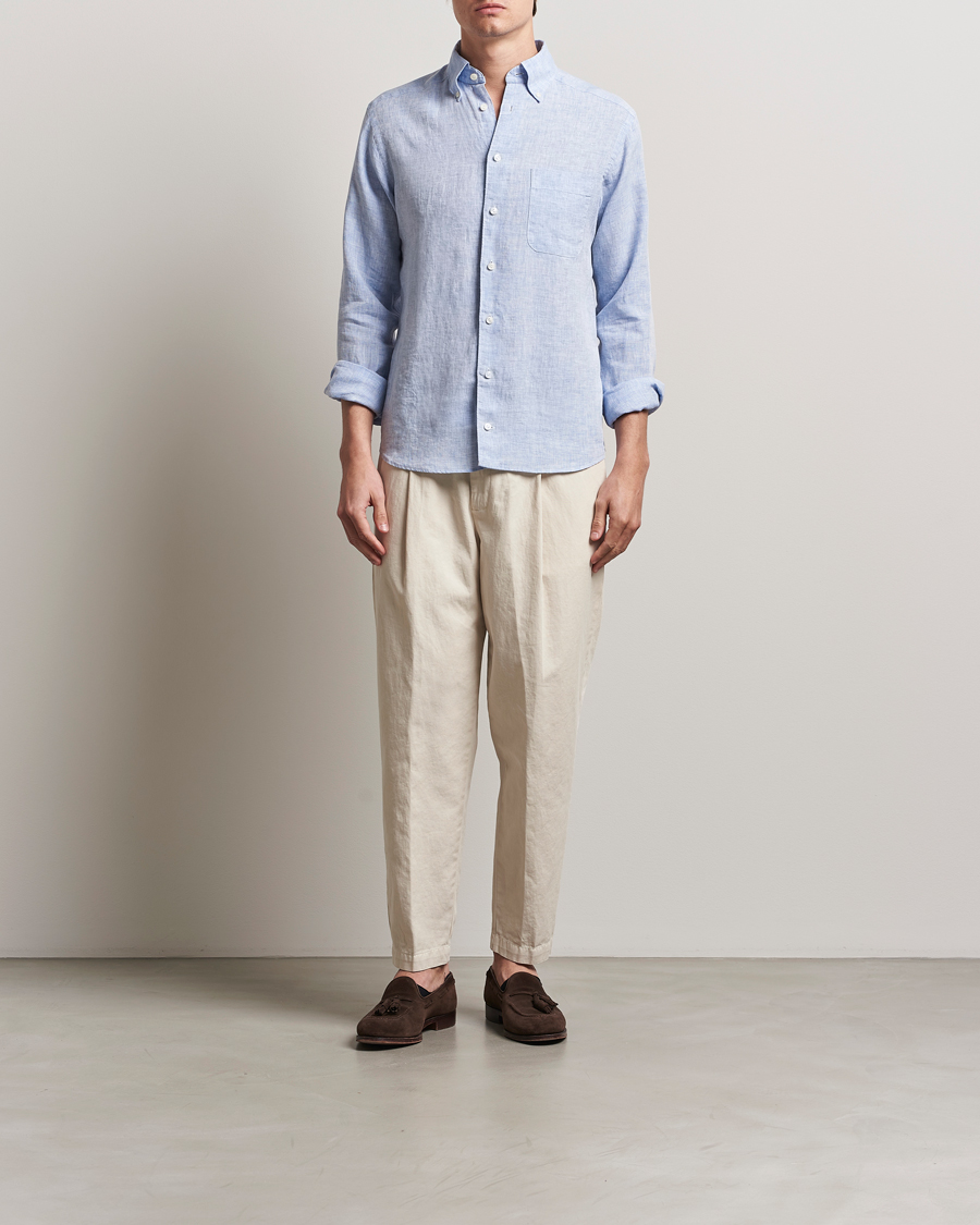 Eton Slim Fit Linen Button Down Shirt Light Blue