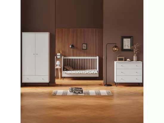 Chambre complète lit évolutif 70x140 commode à langer et armoire 2 portes Blanca Blanc