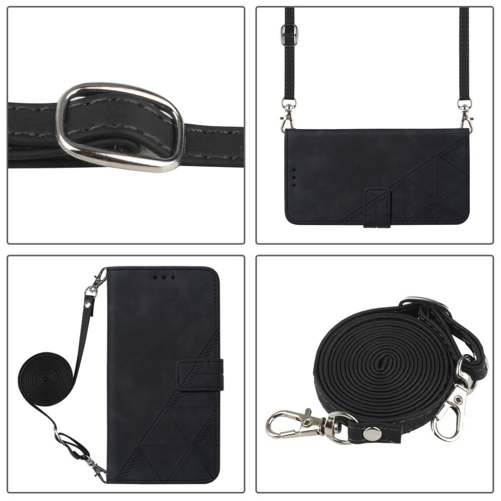 iPhone 14 Pro Necklace Leder Tasche Flip Cover Geometrisches Imprint Muster - Schwarz