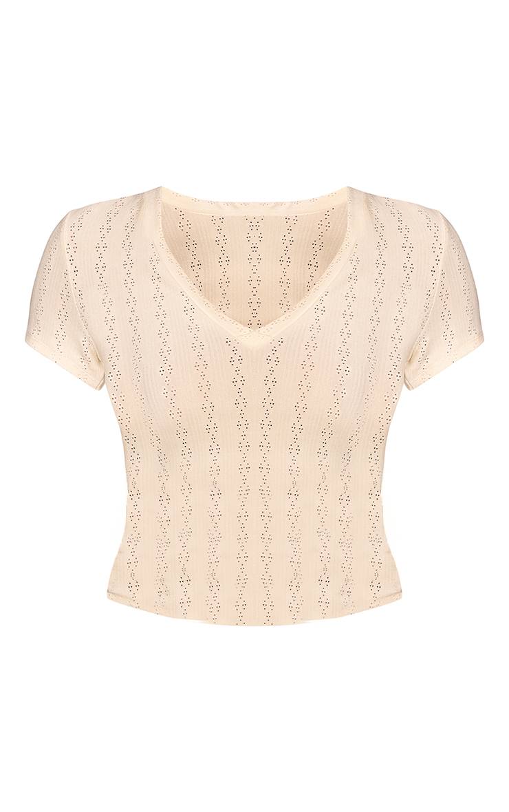 Citron T-shirt À Manches Courtes Avec Détail Encolure En V Et Motif Pointelle