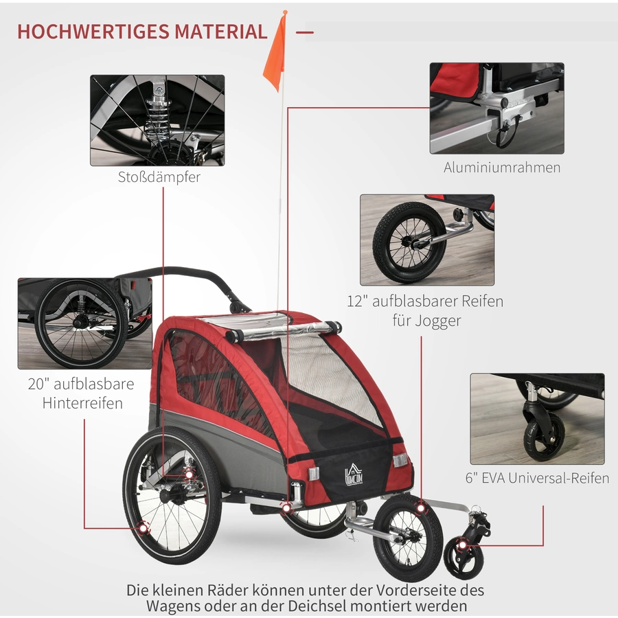 HOMCOM 3in1 Kinderwagen auch als Jogger und Fahrradanhänger rot