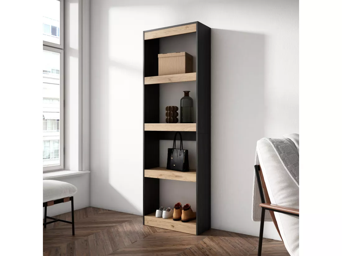 Étagère Bibliothèque, 60x186x25cm, Salon Salle à manger Bureau, Chêne et noir