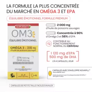 Équilibre Émotionnel Premium - EPA - 2000 mg d'huile de poissons sauvages concentrée à 90% d'Oméga 3 - 45 Capsules
