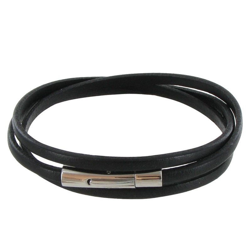 Bracelet Femme Cuir Plat Fermoir Acier Inoxydable - Classics - Noir