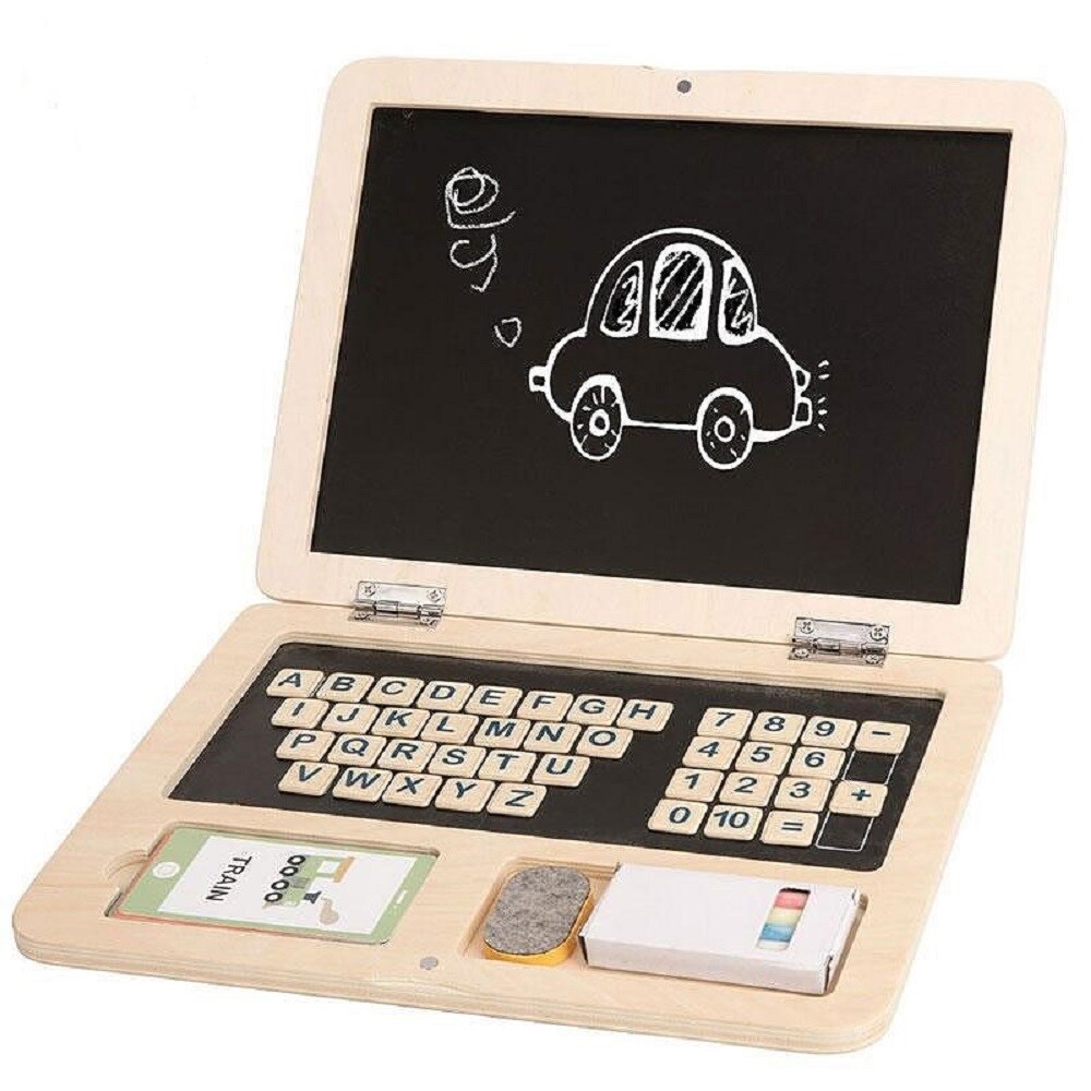 Tooky Toy Kinderspielzeug Holz-Laptop TH819, Magnet-Buchstaben, bunte Kreide beige