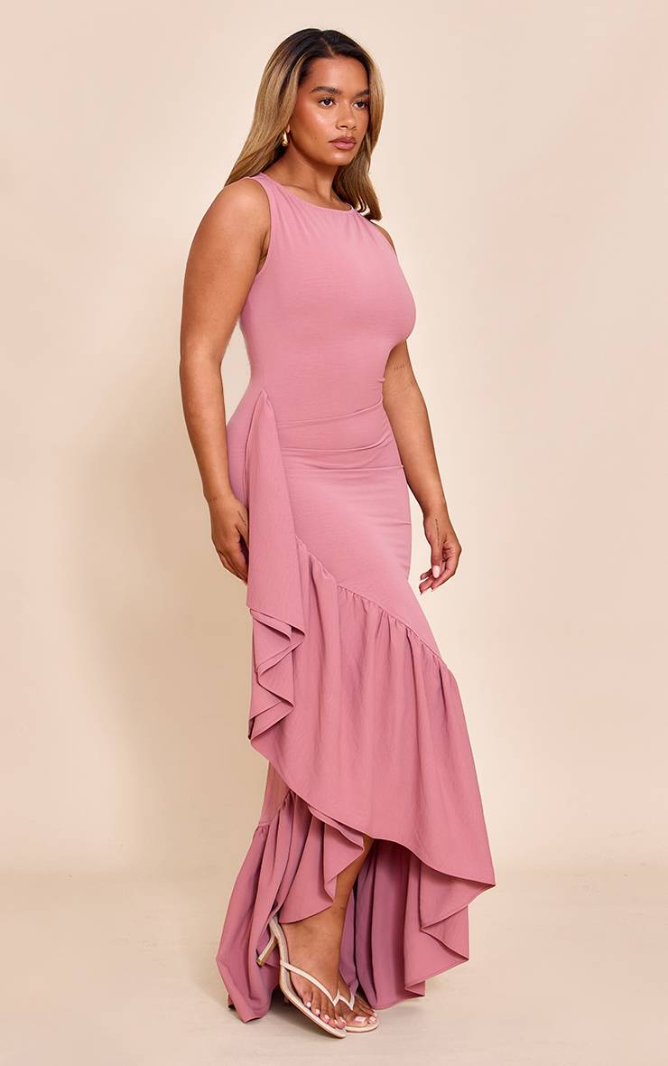 Rose Robe Maxi Moulante En Tissu Stretch À Encolure Bateau Avec Fente Latérale Et Volant