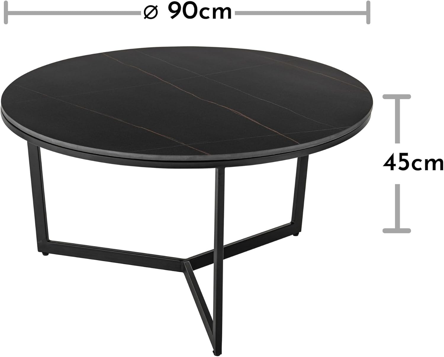 Stella Trading Couchtisch rund, Schwarz - Moderner Wohnzimmertisch mit Keramikplatte und Metallgestell - 90 x 45 x 90 cm (B/H/T)