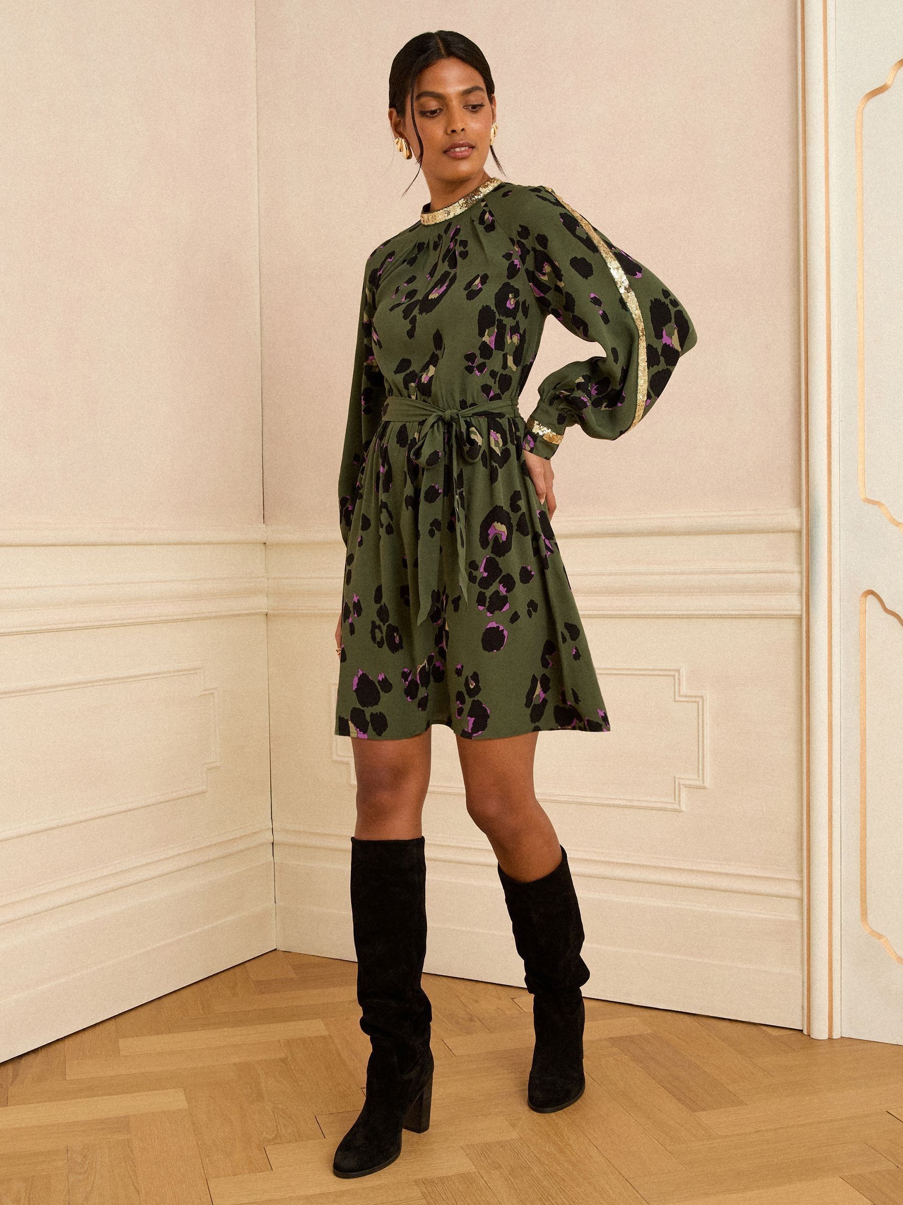 Olijfgroen dierenprint - Love & Roses mini-jurk met lovertjes