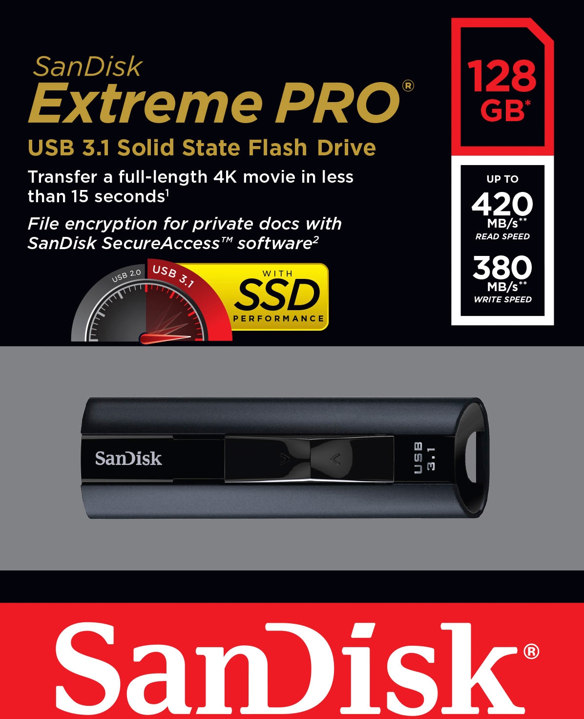 Sandisk USB-Stick »Cruzer Extreme Pro 128GB, USB 3.1, 420MB/s« (128GB GB USB 3.1 Lesegeschwindigkeit 420 MB/s)