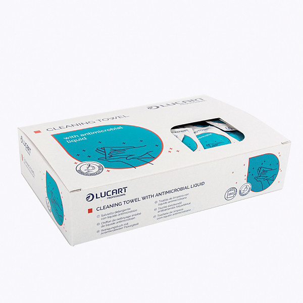 Lingettes désinfectantes mains Lucart, boîte de 150 lingettes individuelles