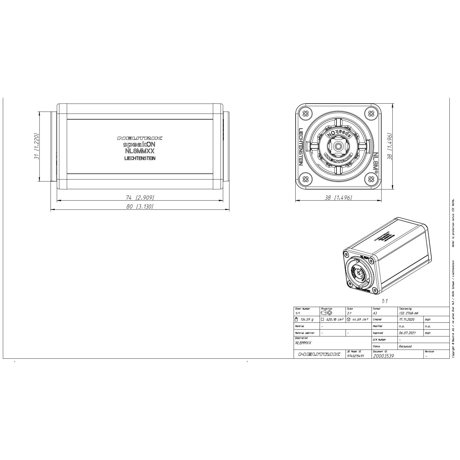 Neutrik NL8MMXX SpeakON koppeladapter