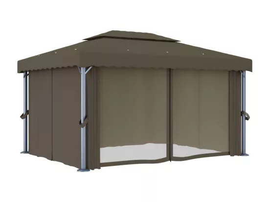 Tonnelle avec rideau et guirlande lumineuse à LED 4x3 m Taupe