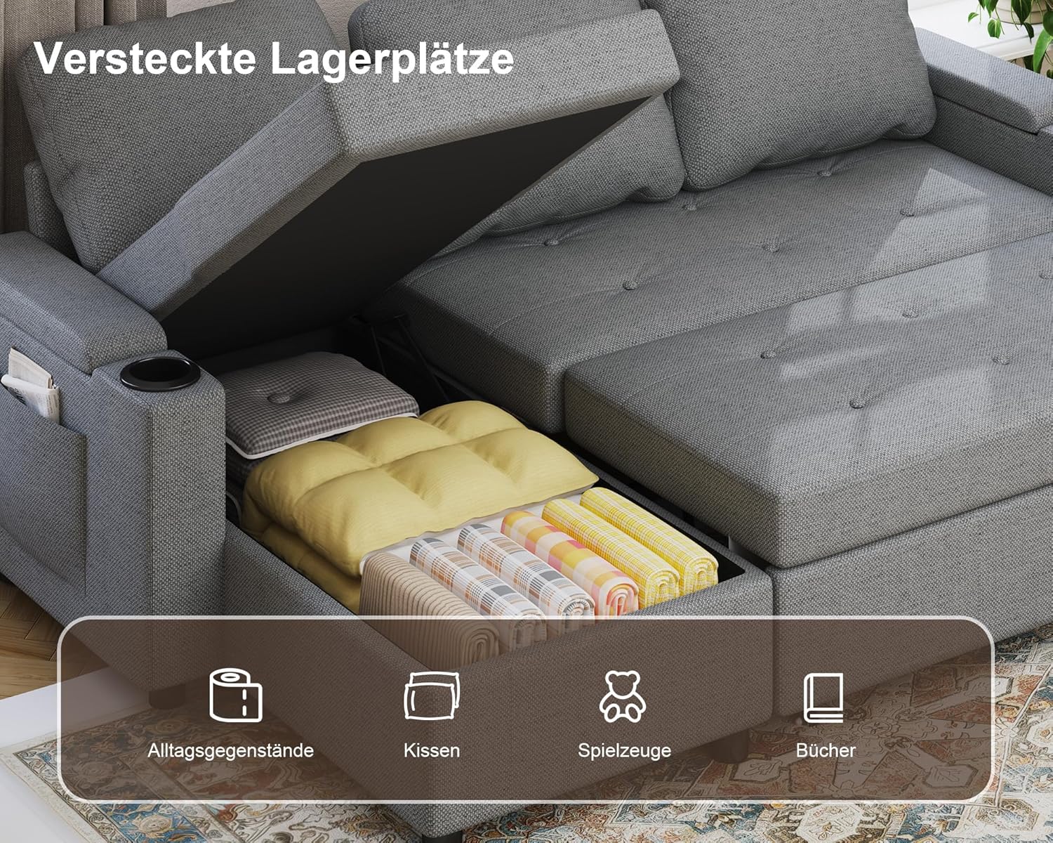 Devoko Ecksofa mit Schlaffunktion und Bettkasten L-Form Sofa 3-Sitzer Ausziehbares Schlafsofa Leinen Couch Kleines Schlafcouch für Wohnung und Wohnzimmer, Hellgrau