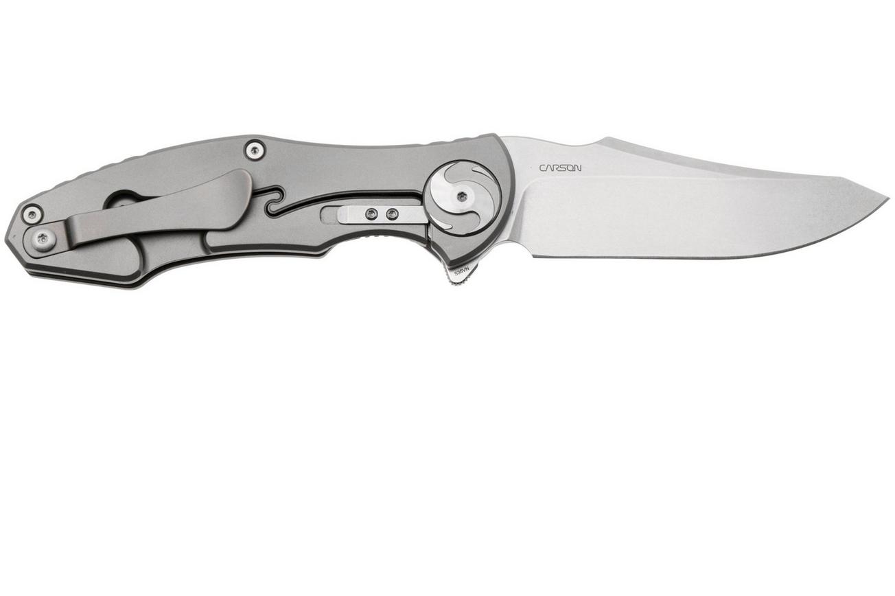 Real Steel Exorcist 942d CPM S35VN, Sandblasted Titanium, Blue Damascus G10 Inlays zakmes, Carson Huang design