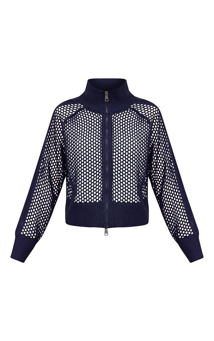 Bleu Marine Cardigan De Jogging En Maille Crochet Avec Détails Rayés