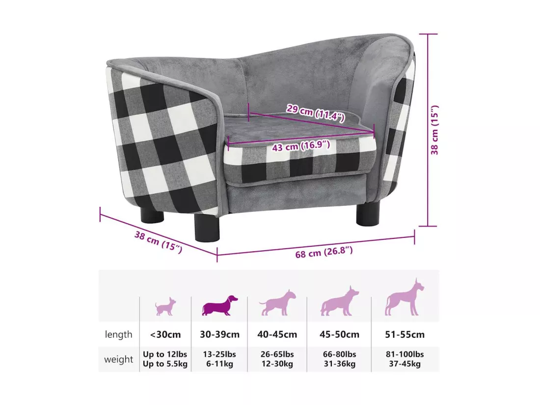Canapé pour chien Gris 68x38x38 cm Peluche