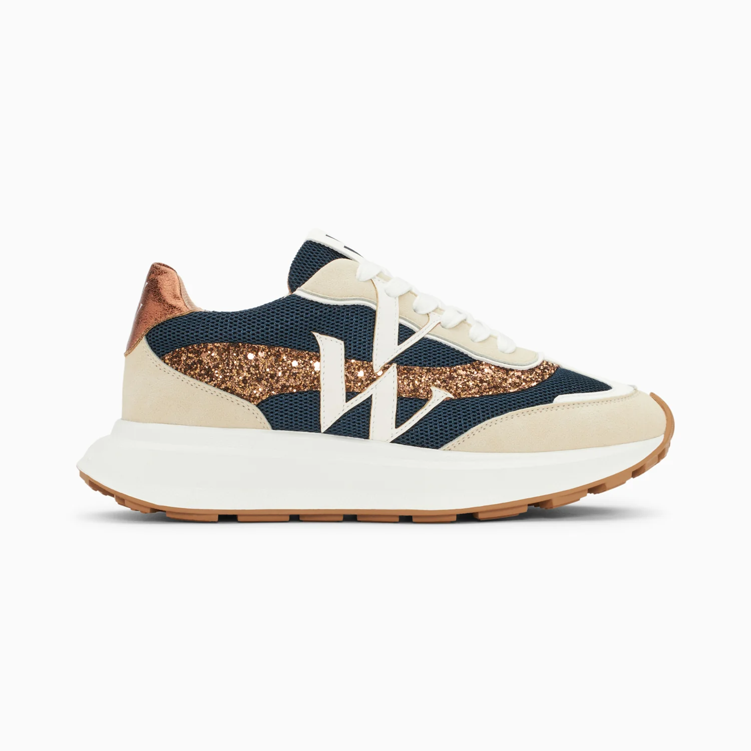 Sneakers-Baskets monogramme Inès marine et bronze à semelle oversize