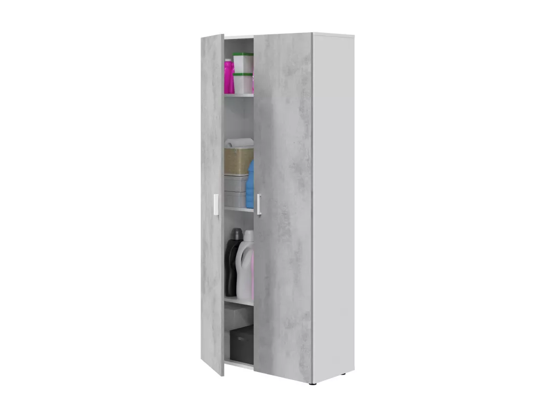 Armoire polyvalente Dferre, Armoire auxiliaire avec 2 portes et 3 étagères, Armoire à balais, 80x37h182 cm, Ciment et Blanc