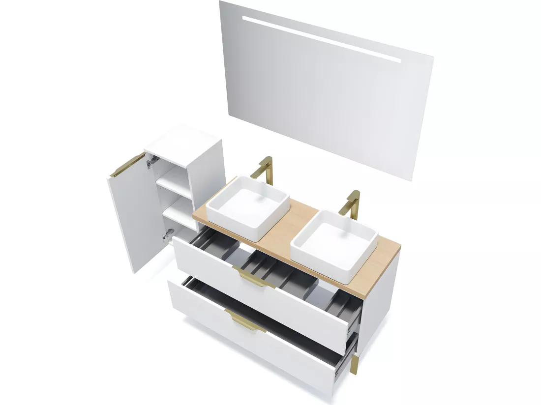 Meuble de salle de bain suspendu 2 vasques à poser 120cm 2 tiroirs Blanc - Venice