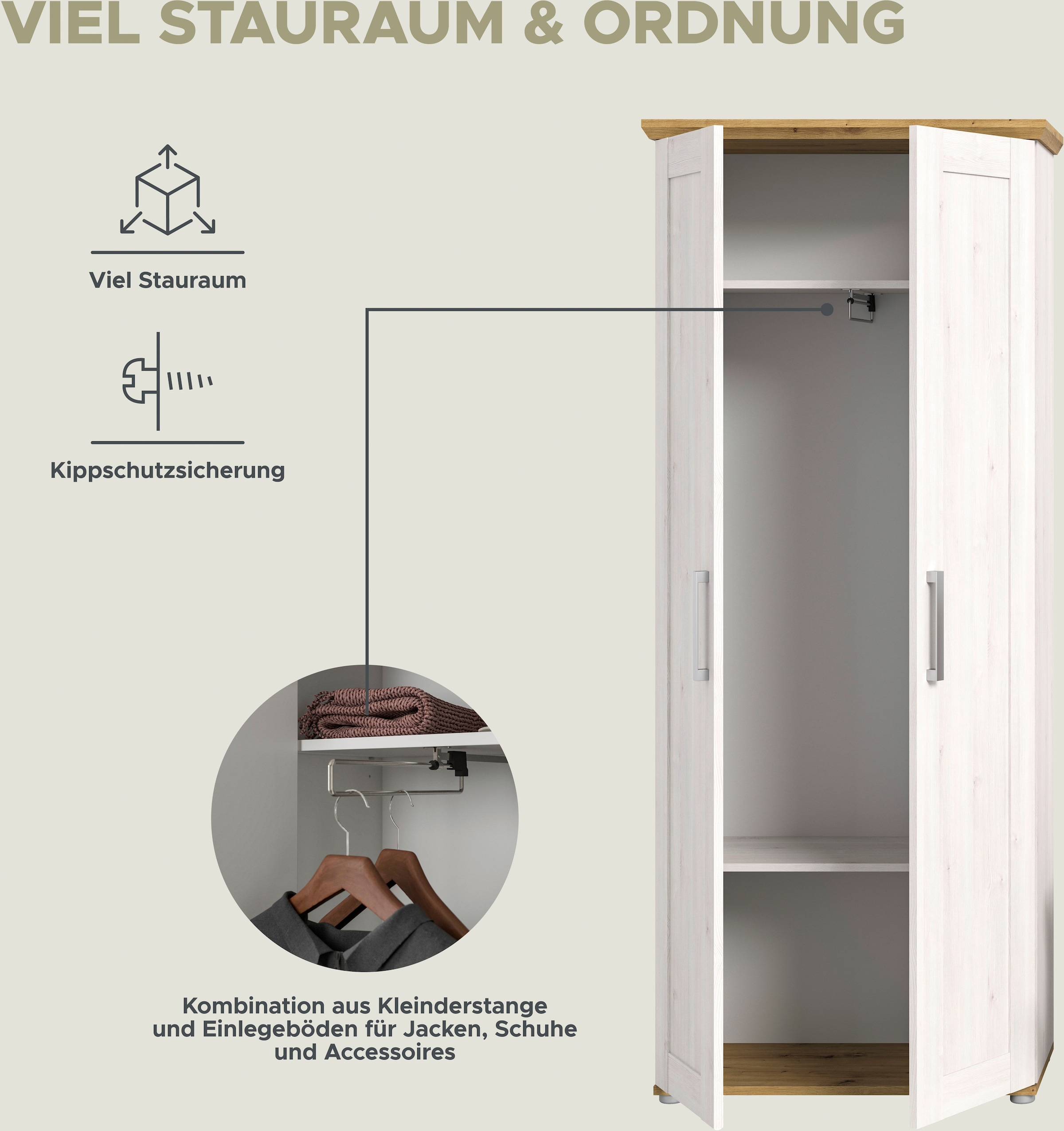 Home affaire Garderobenschrank »COSENZA, TOPSELLER!, Höhe 196 cm, 2 Türen, 2 Böden, 1 Kleiderstange« Hochschrank, Stauraumschrank, Schrank, Flurschrank, Dielenschrank