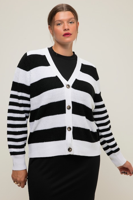 Strickjacke, Boxy Fit, Streifenmix, V-Ausschnitt, Langarm