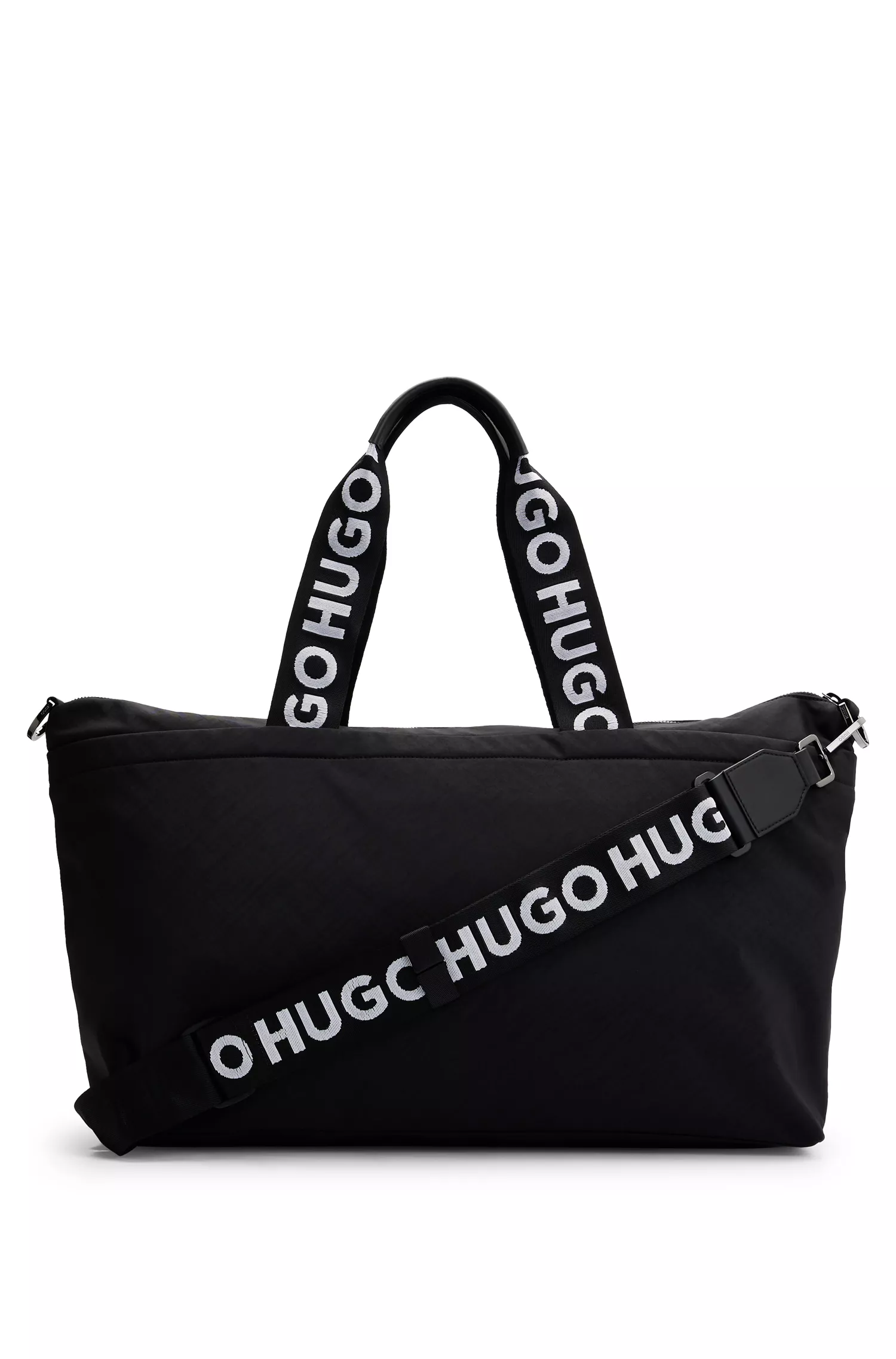 Mala de viagem HUGO com detalhes em vermelho e alças personalizadas.