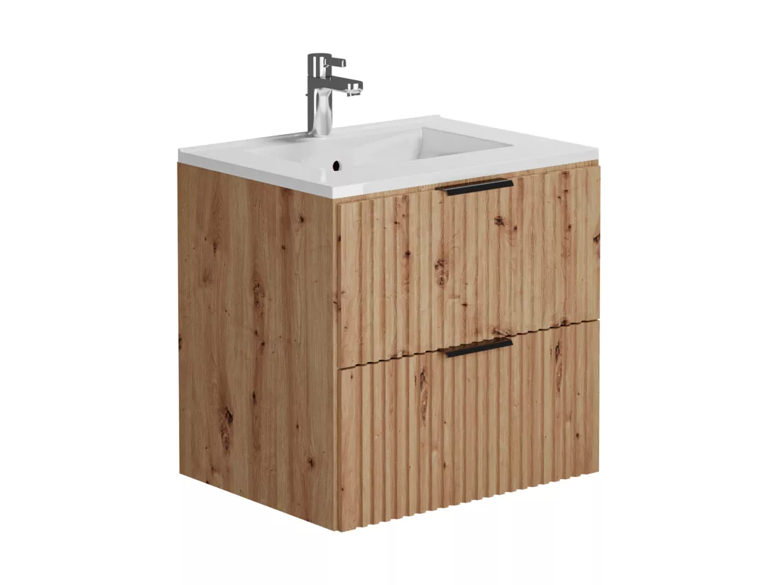 Meuble de salle de bain suspendu strié avec vasque à encastrer - Naturel clair - 60 cm - ZEVARA