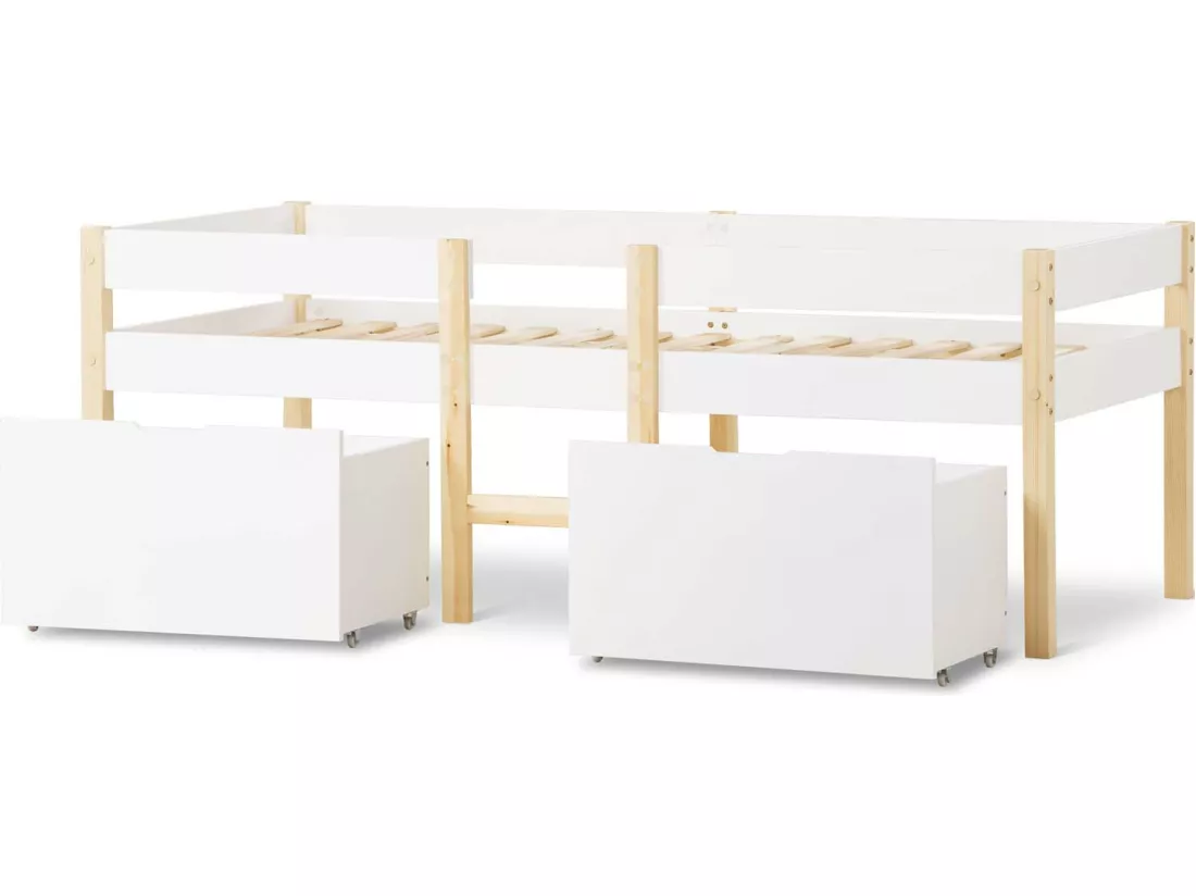 Lit mezzanine en pin massif avec tiroirs - 90x200 cm - Blanc