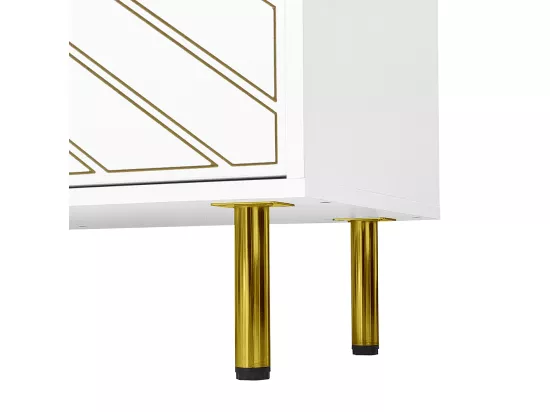 Banc TV avec quatre portes,poignées et pieds en métal doré,170x30x60 cm,Blanc