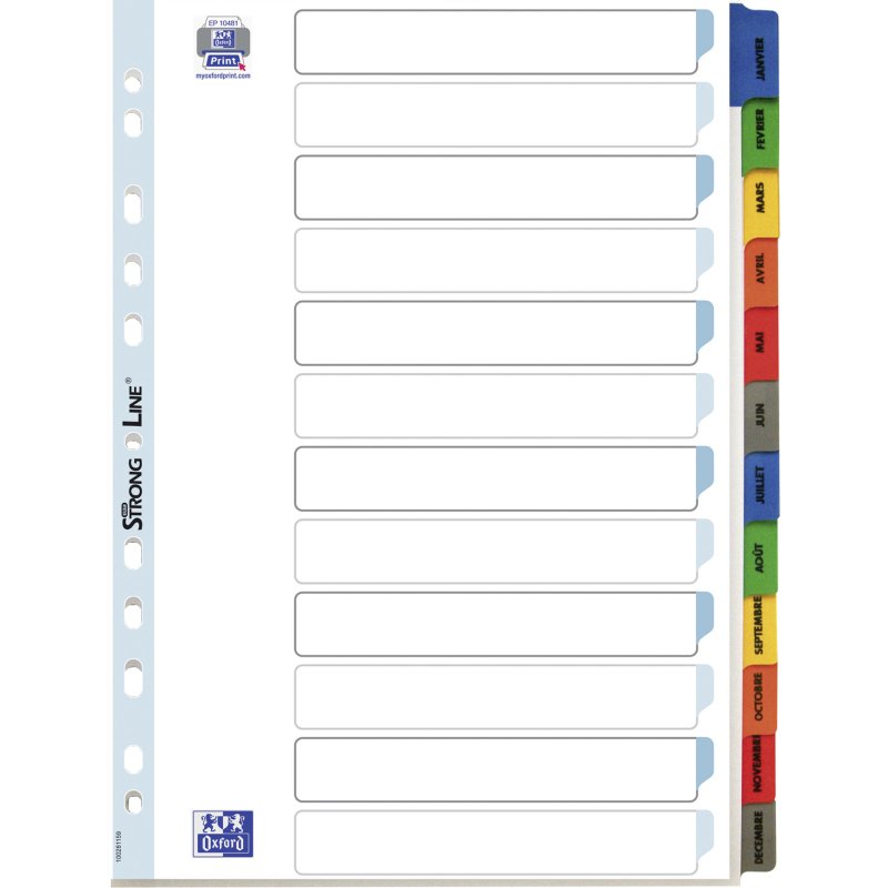 Intercalaire A4 carte bristol blanche OXFORD 12 onglets mensuels multicolores - 1 jeu