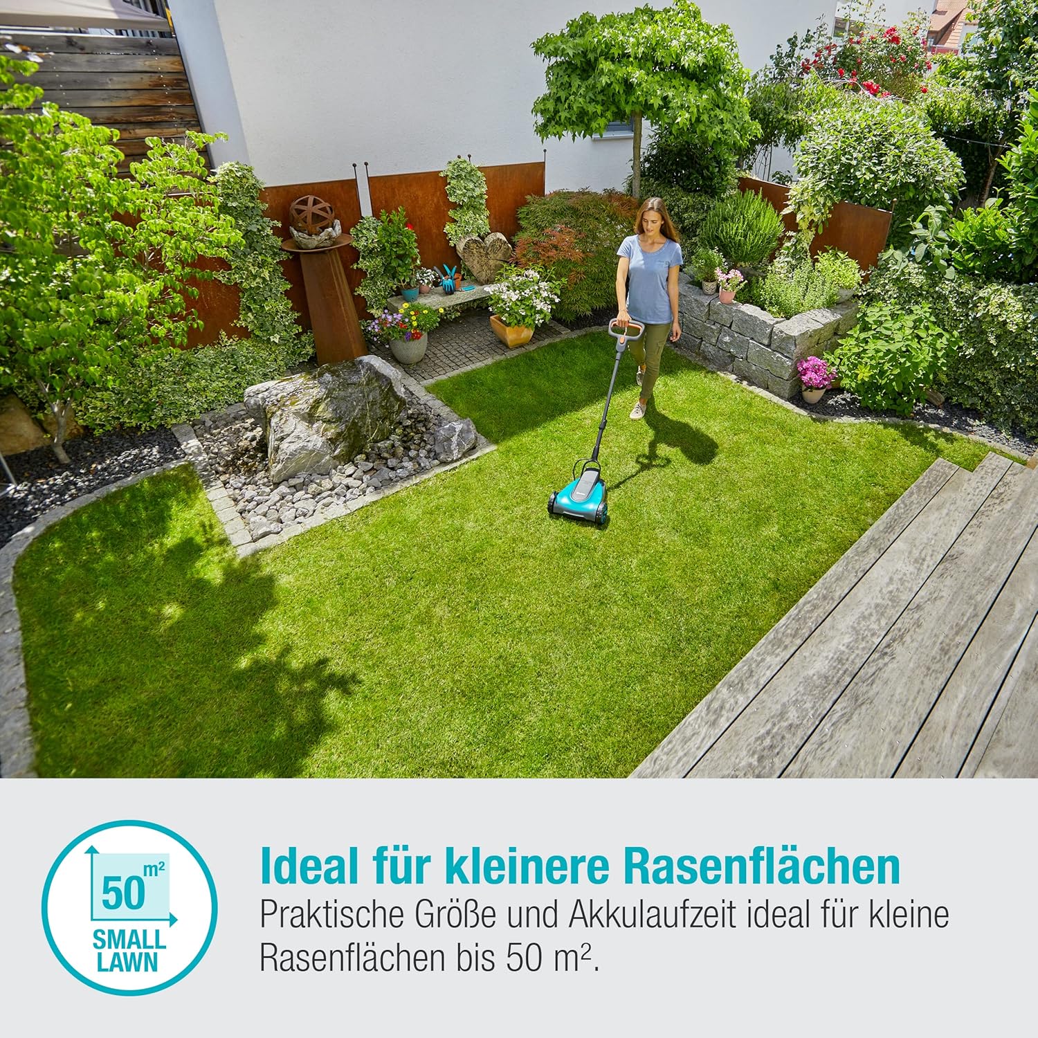 Gardena Akku-Rasenmäher HandyMower 22/18V P4A ohne Akku: Handrasenmäher, für Rasenflächen bis zu 50 m², Schnitthöhenverstellbar, Mulchfunktion (14620-55)