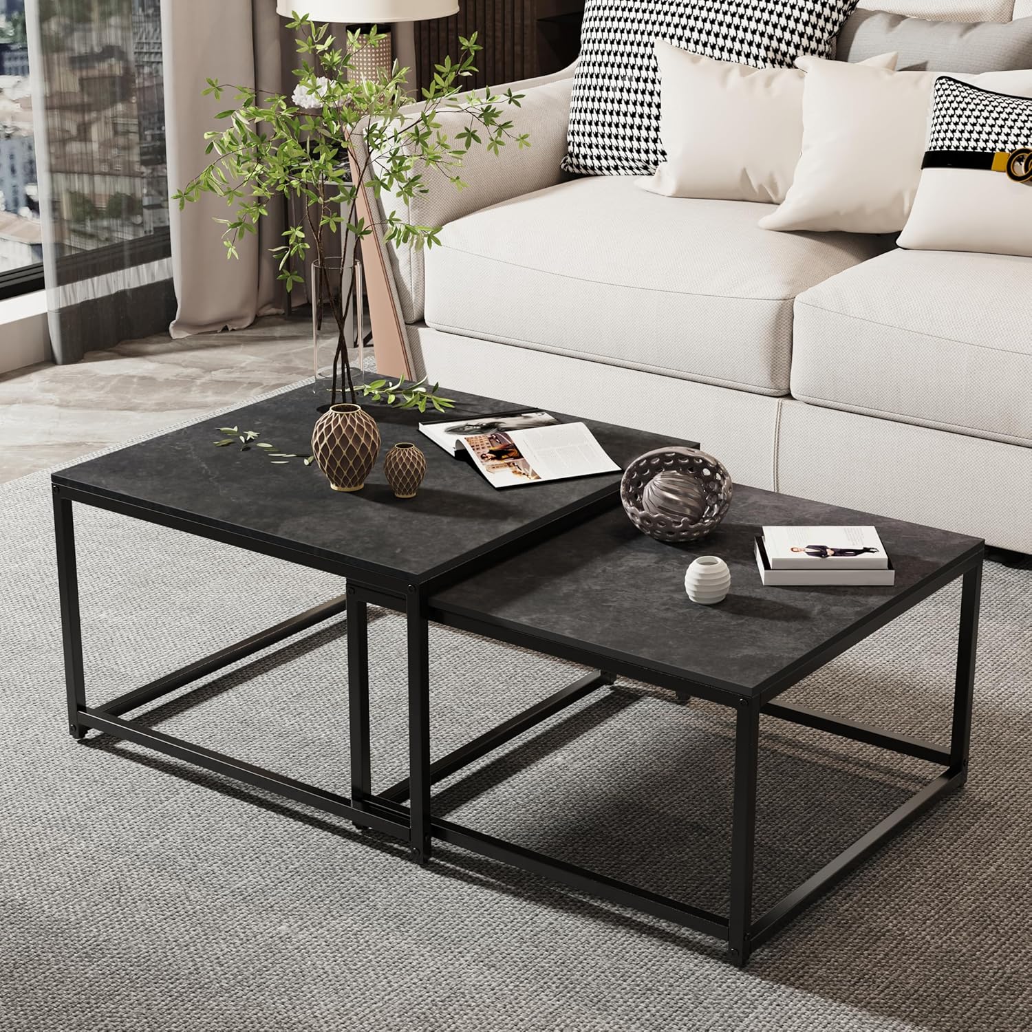 FATIVO Couchtisch Schwarz Marmor Wohnzimmertisch: beistelltisch 2er Set modern sofatisch quadratisch mit metallgestell für Wohnzimmer groß:65×65×40cm klein:60×60×34cm