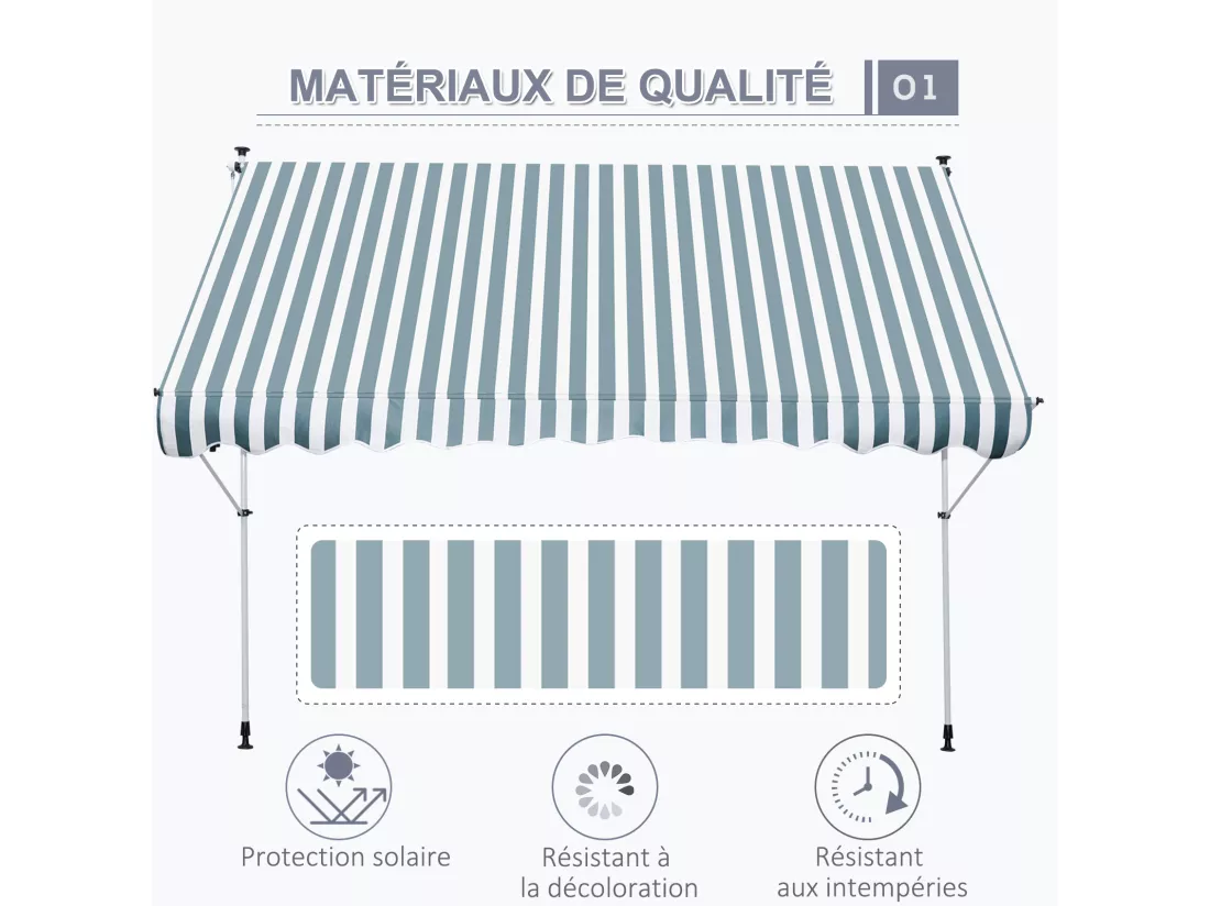 Store banne manuel rétractable 3L x 1,5l m inclinaison et hauteur réglable installation rapide métal alu polyester anti-UV vert blanc rayé