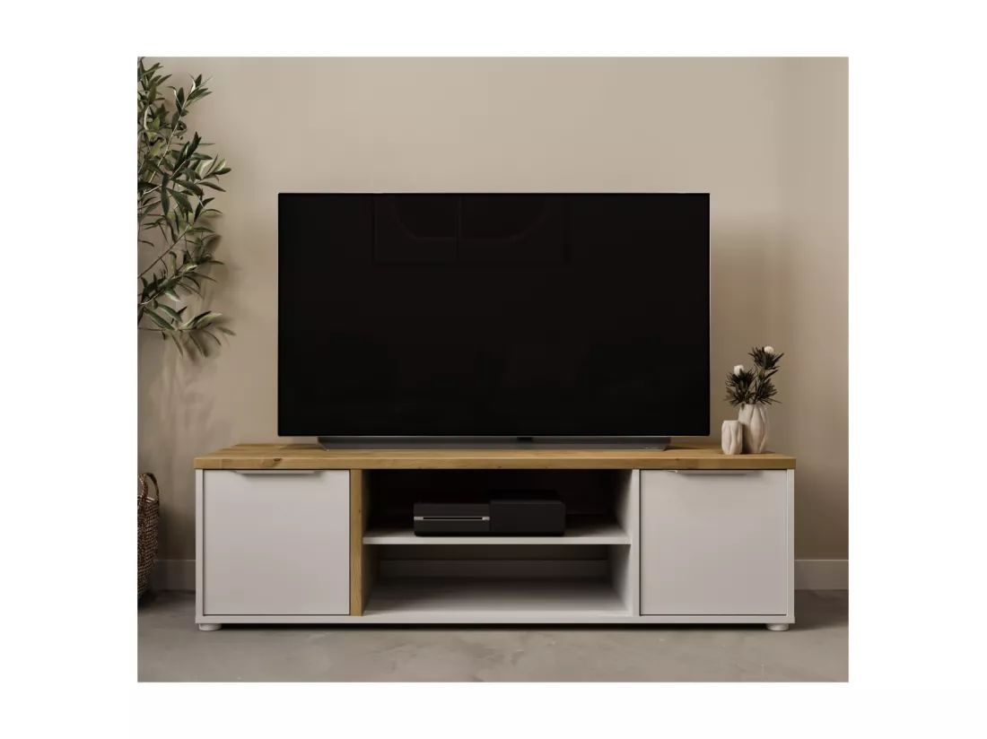 Meuble TV 2 portes et 2 niches décor chêne et blanc L135 cm - ACCESS