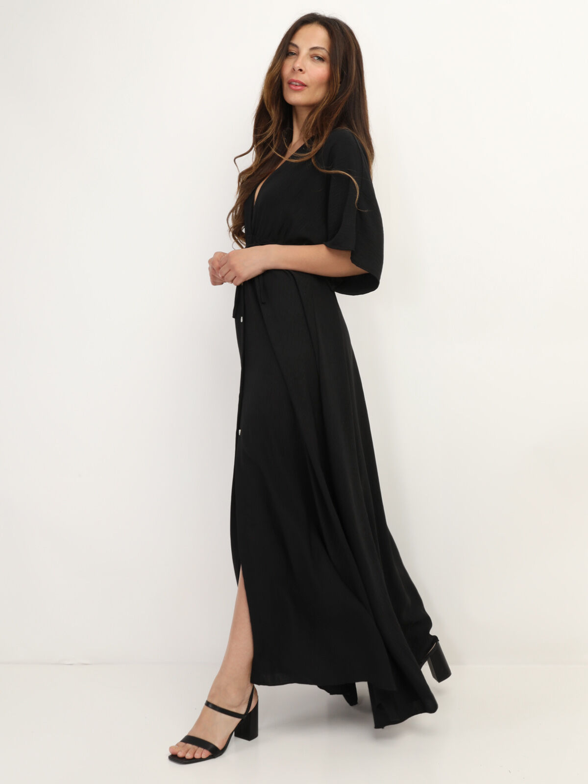 Robe longue boutonnée à fente- Noir