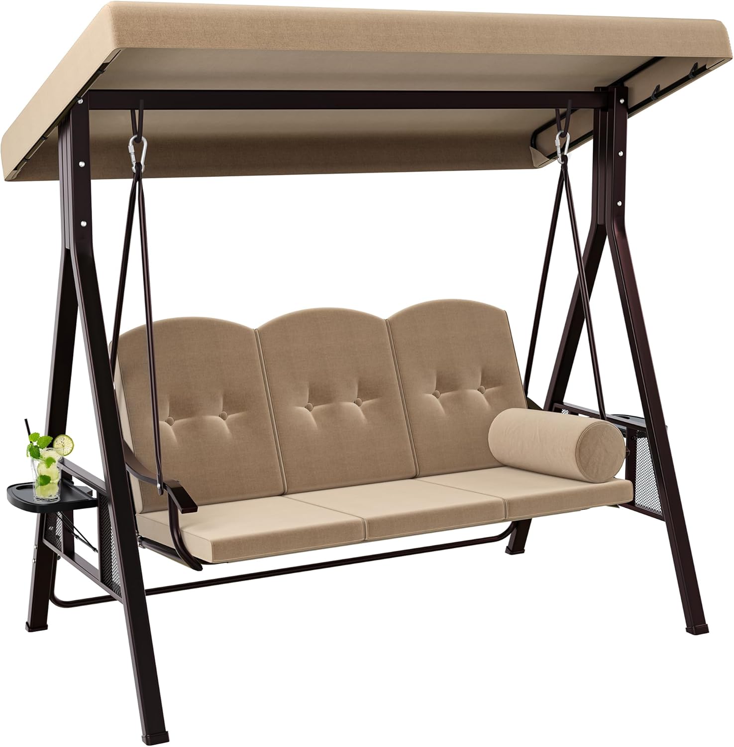 YITAHOME 3-Sitzer Hollywoodschaukel, Gartenschaukel mit Liegefunktion mit Verstellbarem Baldachin und Abnehmbarem Kissen, Gartenschaukel für Erwachsene im Garten, Pool, Balkon, Khaki