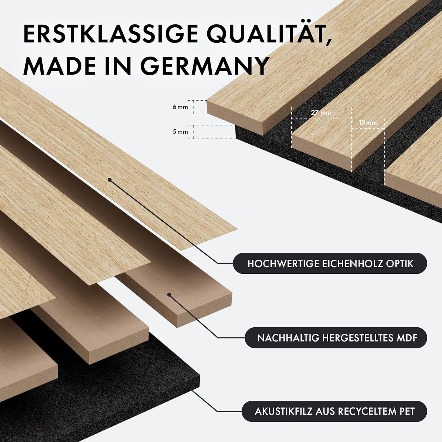 Momento 5 Stück Akustikpaneele Holz 240x50 cm - Made in Germany - Eiche Natur - Wandverkleidung Innen Wandpaneele Holzoptik - 3D Lamellenwand Paneele - Akustik Holzpaneele Wand Holzverkleidung Panel