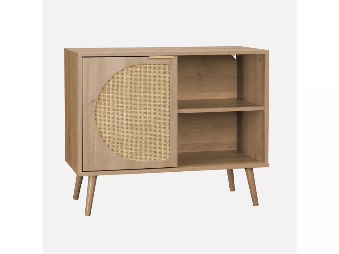 Buffet de rangement décor bois cannage arrondis. Eva. 1 portes réversible. deux niveaux. buffet bas. L80 x l39 x H65.8cm