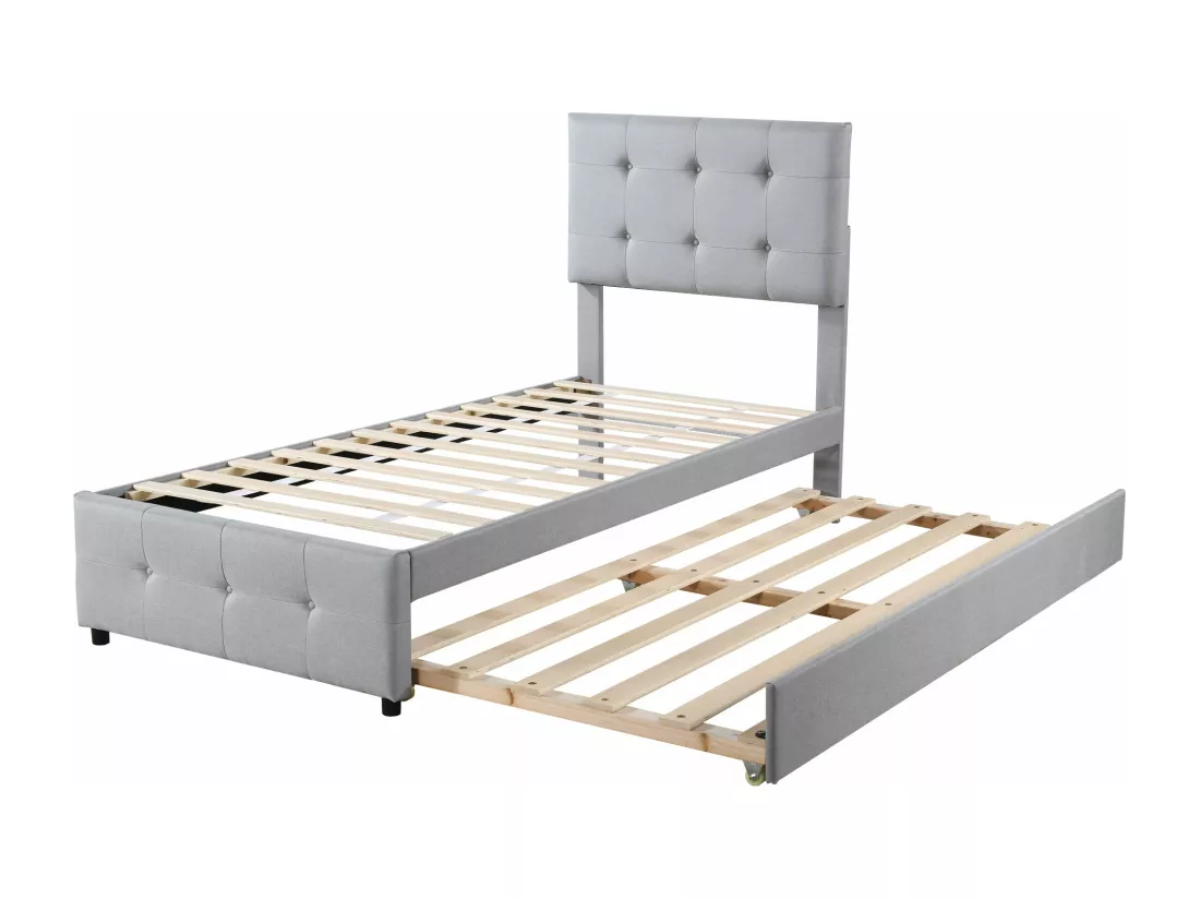 Lit gigogne 90x200cm+90x190cm, Lit capitonné d'enfant, lit extensible en lin avec sommier à lattes, tête de lit réglable, gris