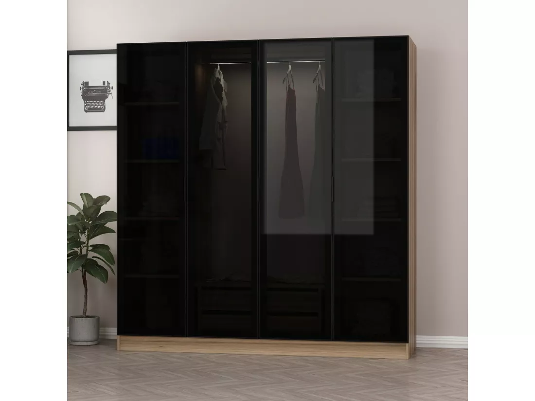Armoire avec 4 portes en verre fumé, noyer doré-noir 180 x 210 cm