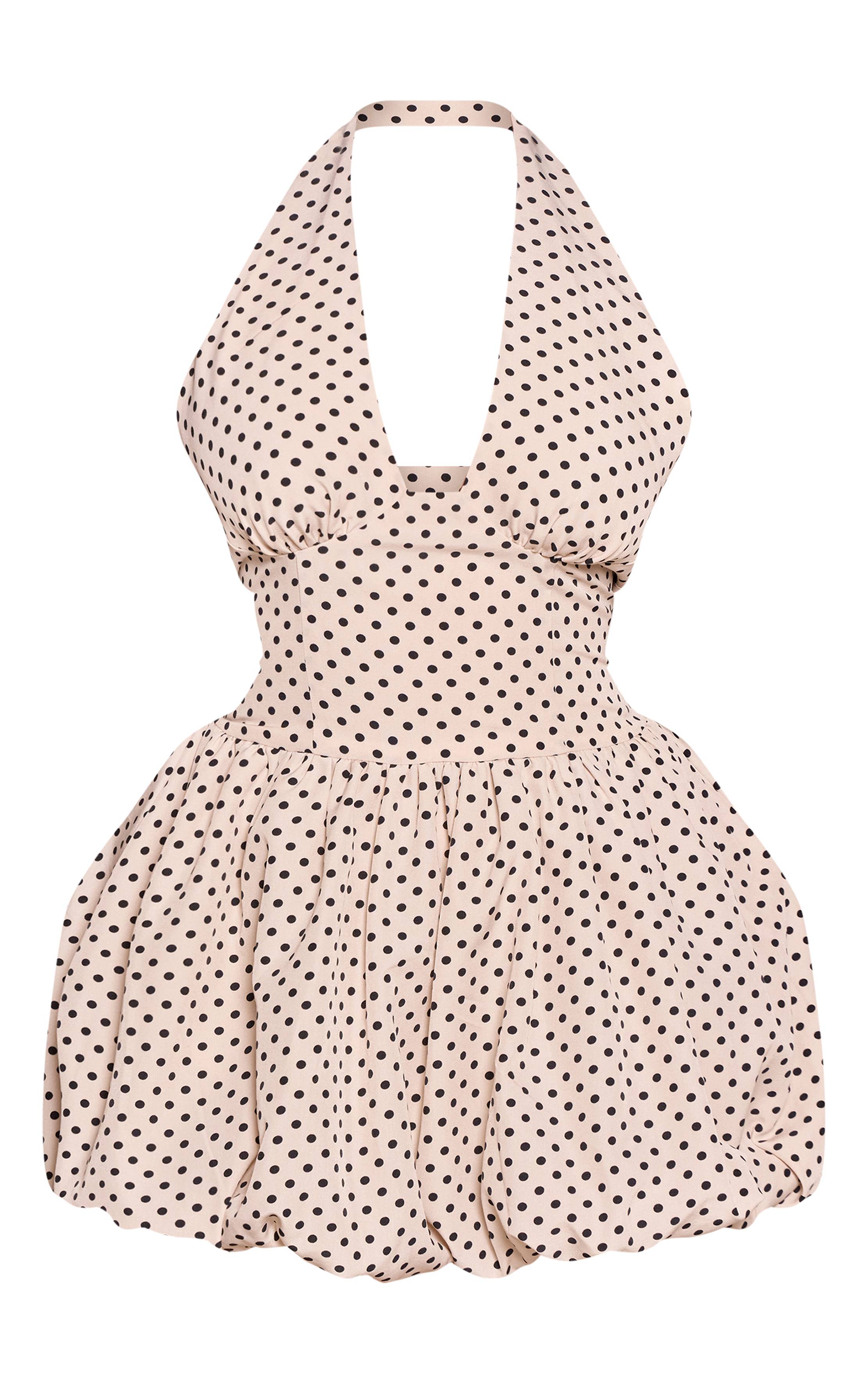 Cream Polka Dot Robe Mini Boule À Col Licou Ajustée À Pois