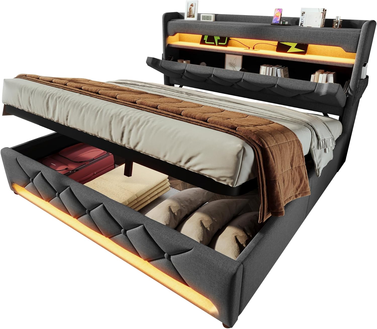 Polsterbett 180x200 Doppelbett, Stauraum-Kopfteil mit USB- und Typ-C-Anschlüssen, LED-Beleuchtung am Kopf- und Fußende des Bettes, mit Hydraulischem Stauraum, Leinen (Grau 1, Ohne Matratze, 180x200CM)