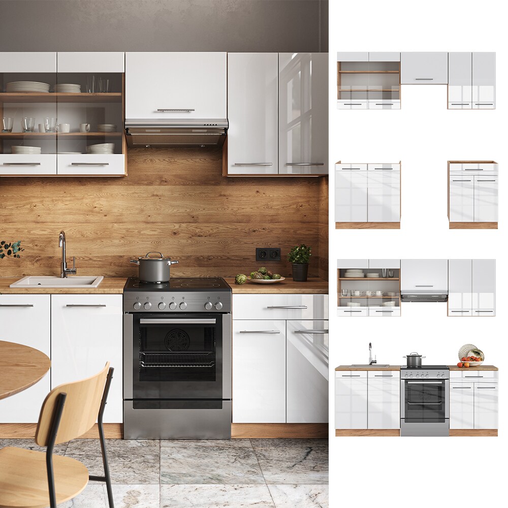 Vicco Küchenzeile Küchenblock Einbauküche Fame-Line Eiche Weiß 200 cm modern Küchen Schränke Schubunterschrank Spülenunterschrank Hängeschrank Hängeglasschrank Hochglanz