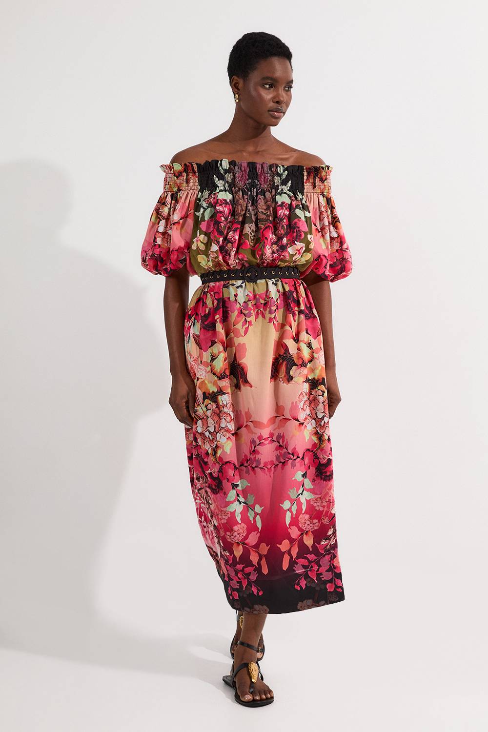 KarenMillen Voile Robe Mi-Longue Bardot à Motifs Floraux Miroités Tissés